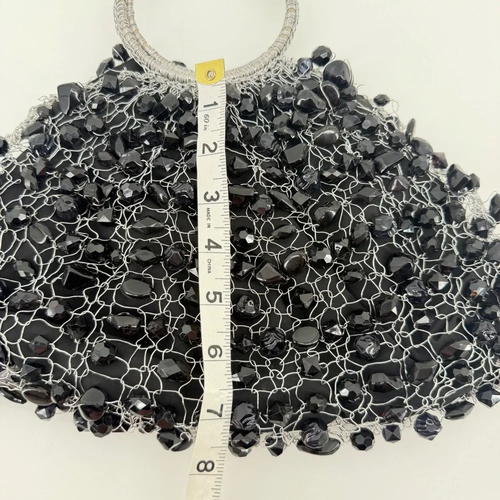 La Chica Chic Black Beaded Wire Evening‎ Bag Silver Ring Handle Made in Brazil